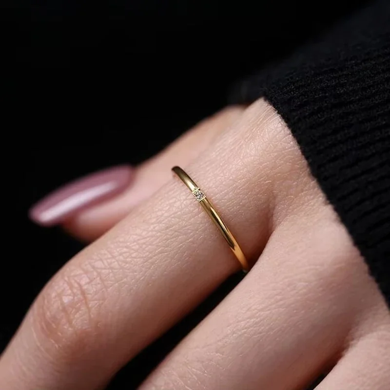 Minimalist Stainless Steel Round Stone Slim Band Ring