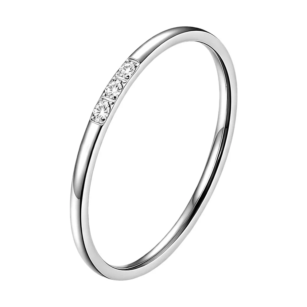 Minimalist Stainless Steel Round Stone Slim Band Ring - Clear Stones Silver Single
