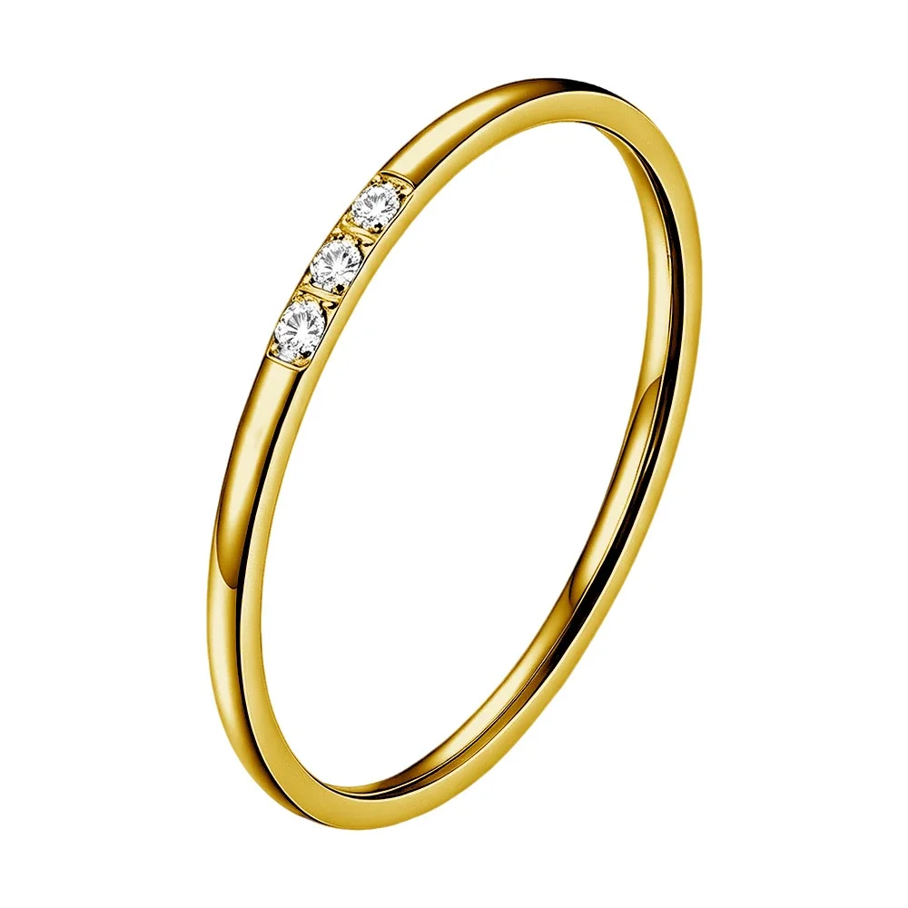Minimalist Stainless Steel Round Stone Slim Band Ring - Clear Stones Gold Single