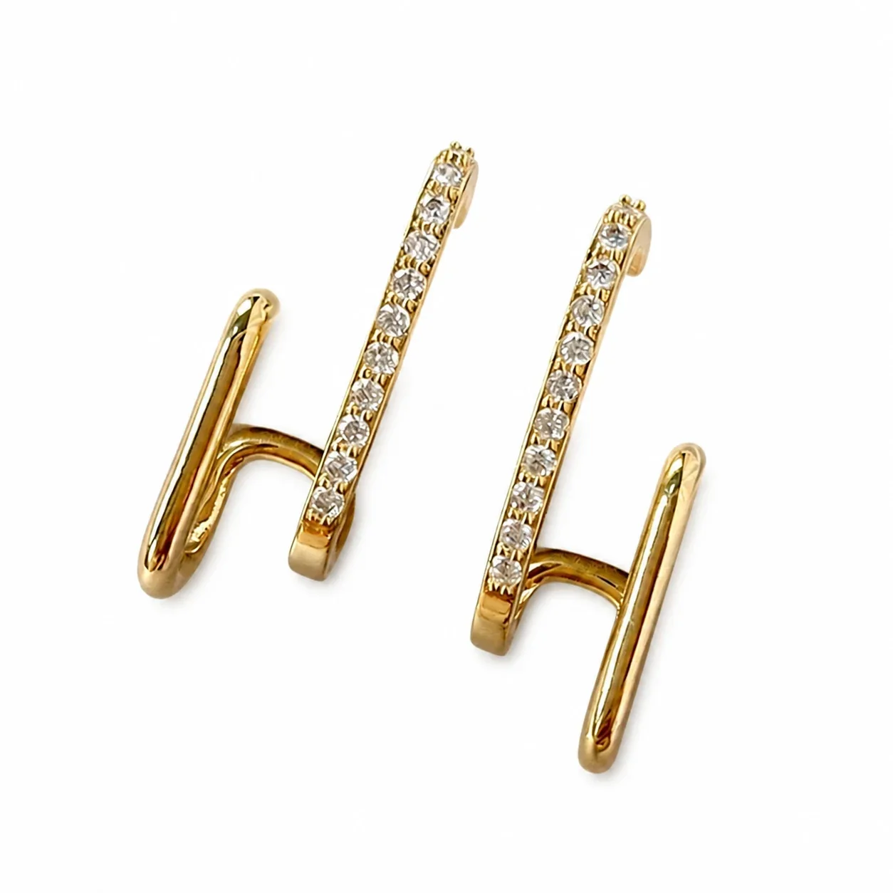 Sculptural Crystal Bar Oval Link Stainless Steel Stud Earrings