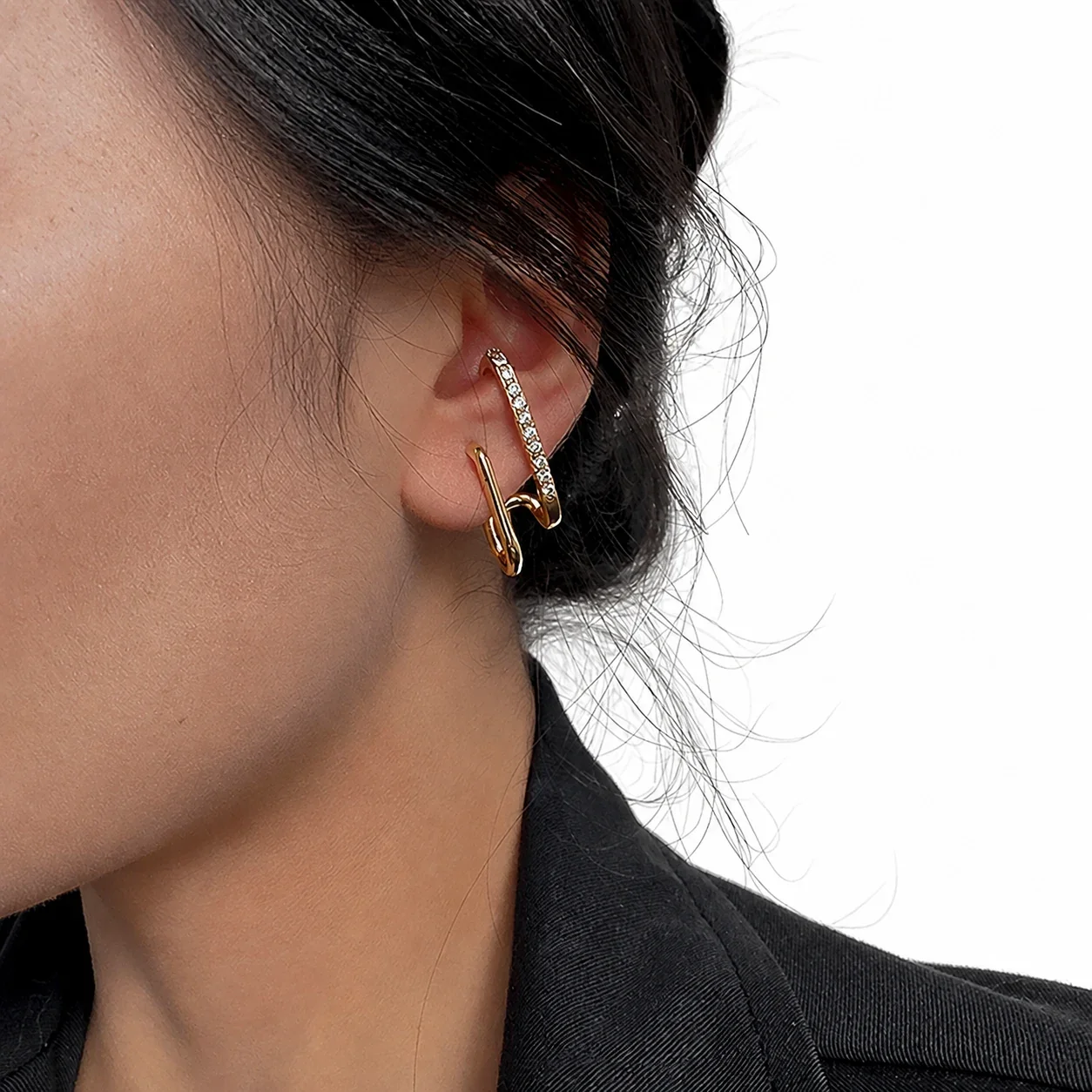 Sculptural Crystal Bar Oval Link Stainless Steel Stud Earrings