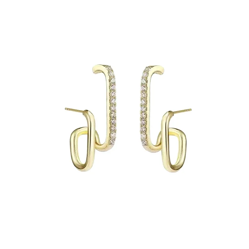 Sculptural Crystal Bar Oval Link Stainless Steel Stud Earrings