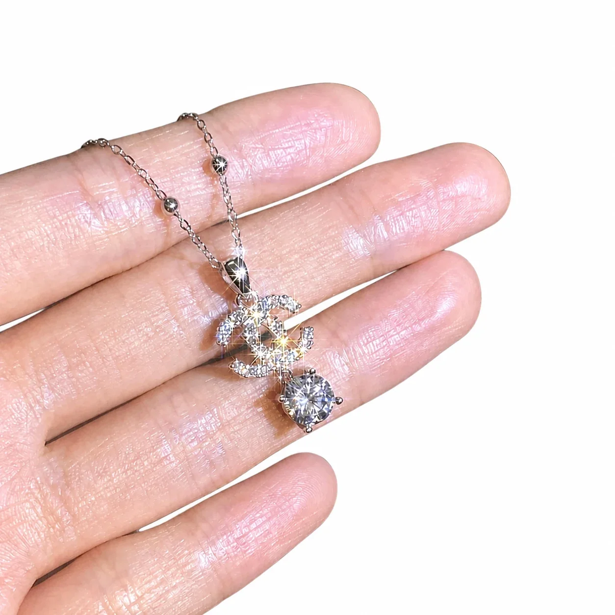 Delicate 925 Sterling Silver Pavé Double-C Moissanite Necklace