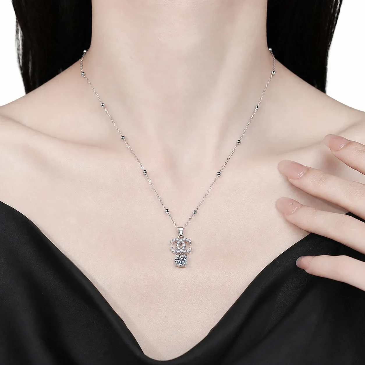 Delicate 925 Sterling Silver Pavé Double-C Moissanite Necklace