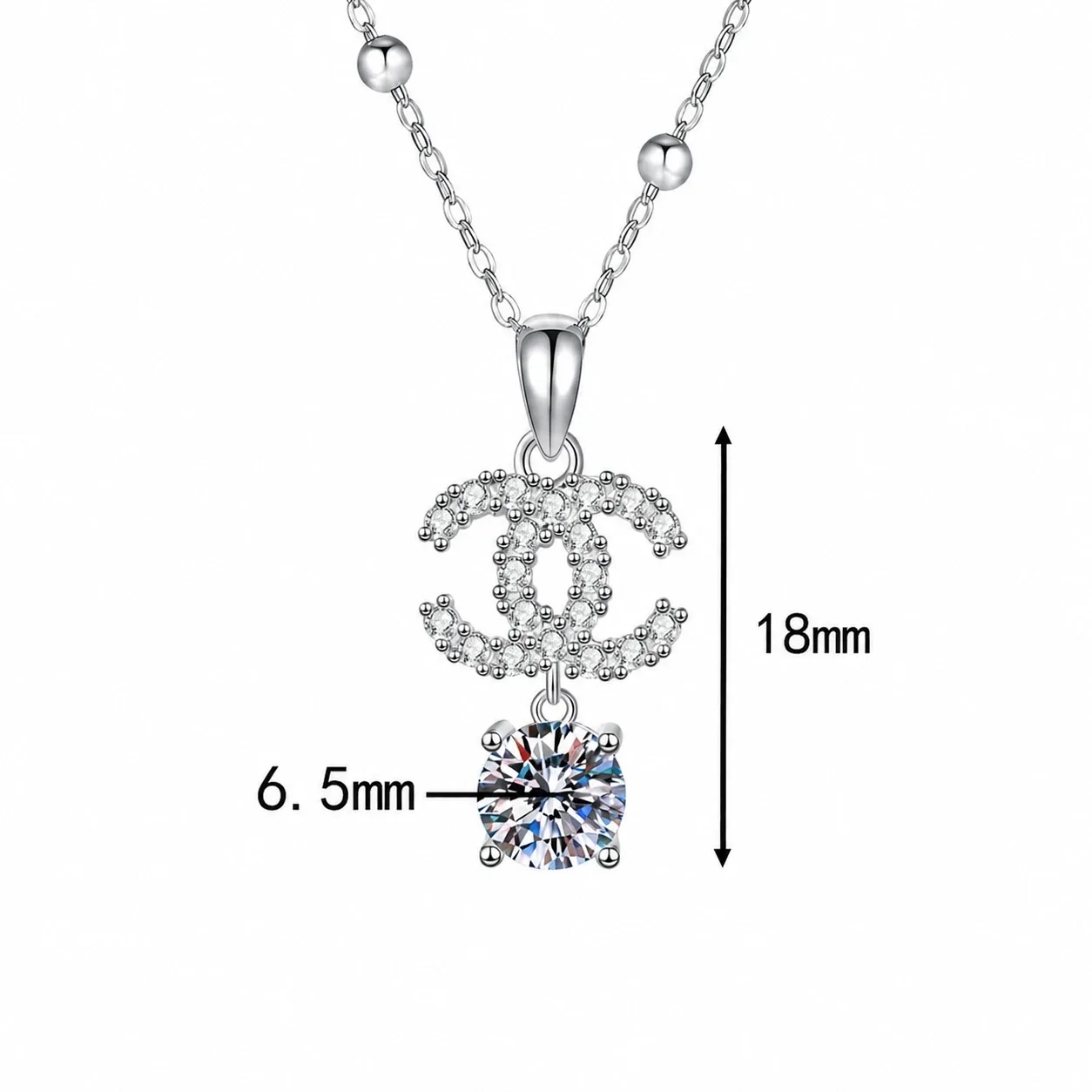Delicate 925 Sterling Silver Pavé Double-C Moissanite Necklace - ct Moissanite Cross Bead