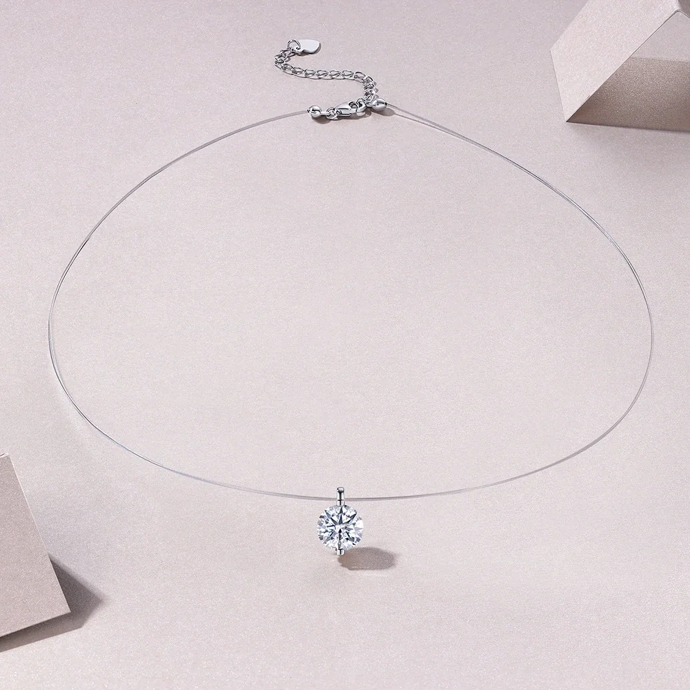 Minimal 925 Sterling Silver Round Solitaire Fish Wire Necklace