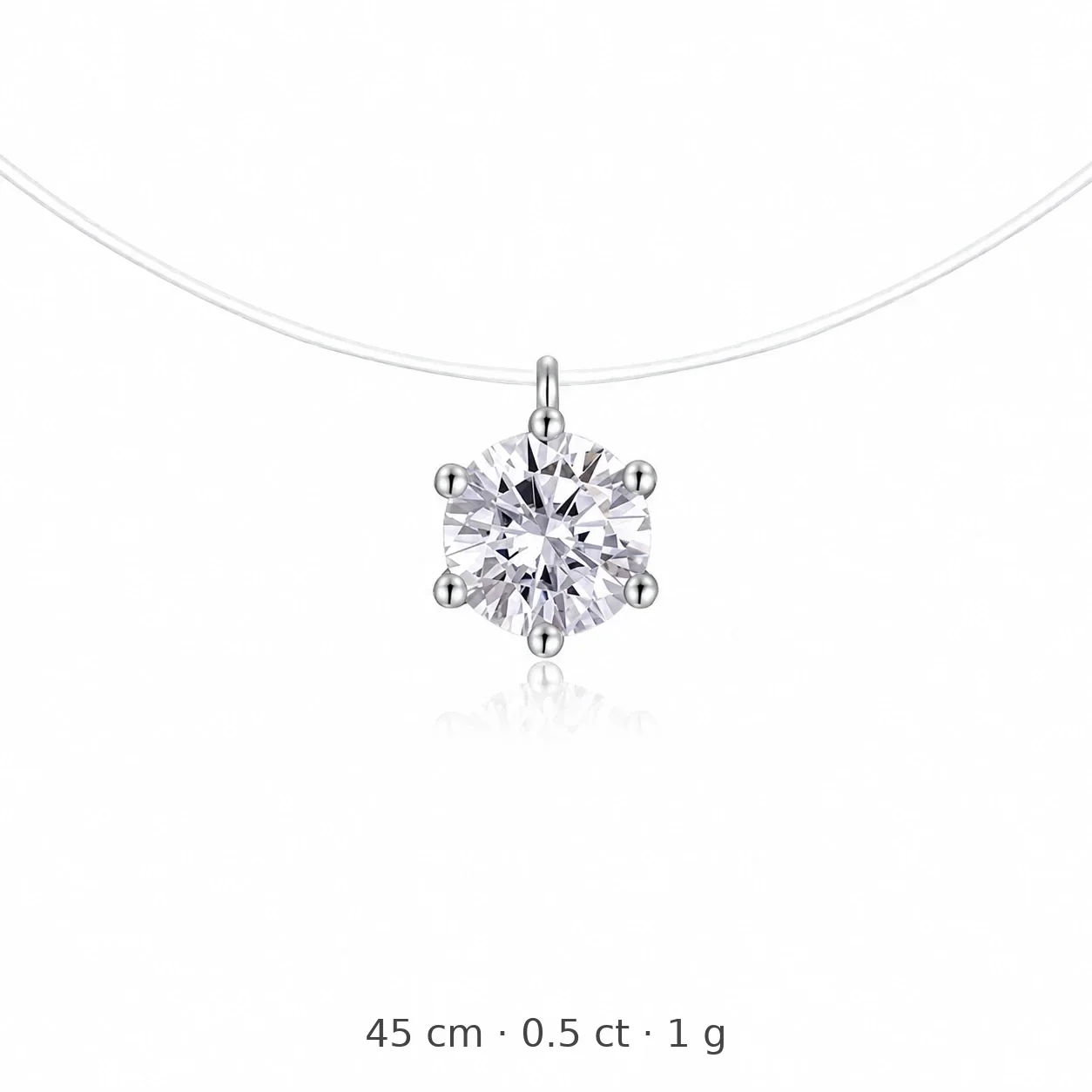Minimal 925 Sterling Silver Round Solitaire Fish Wire Necklace - Prong II