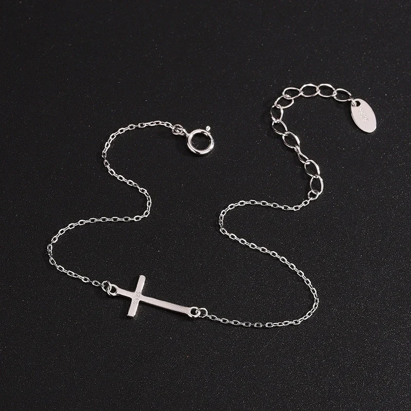 Minimal Polished Cross 925 Sterling Silver Chain Bracelet