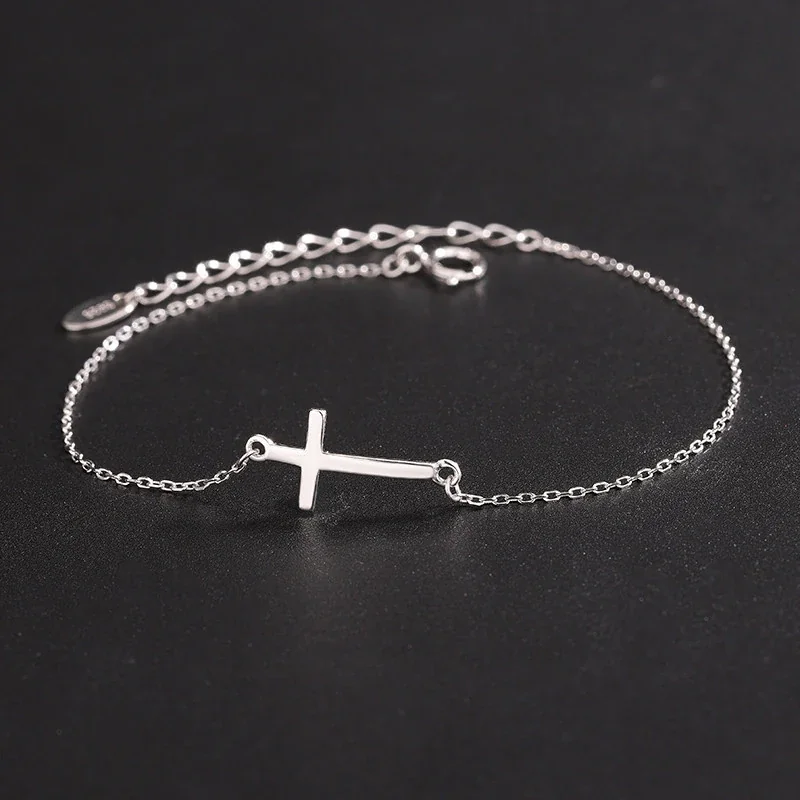 Minimal Polished Cross 925 Sterling Silver Chain Bracelet