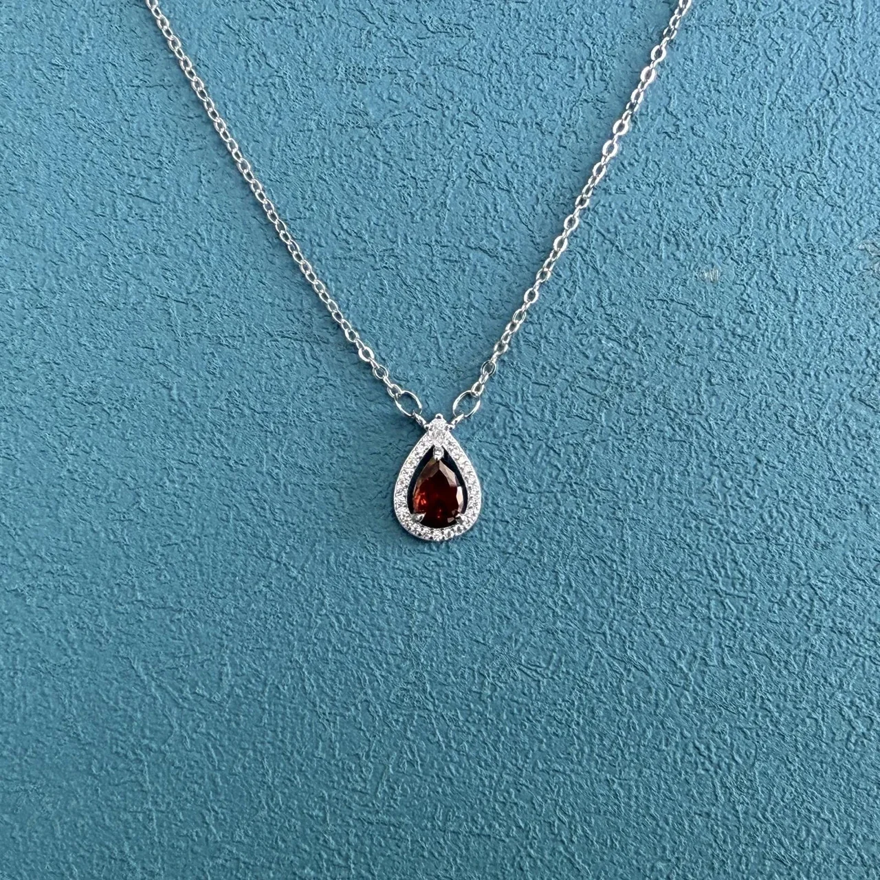 Teardrop Halo 925 Sterling Silver Cubic Zirconia Necklace - Red
