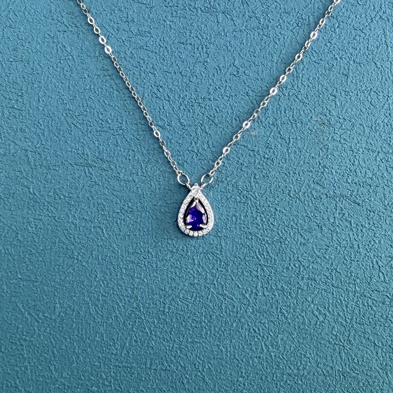 Teardrop Halo 925 Sterling Silver Cubic Zirconia Necklace - Purple