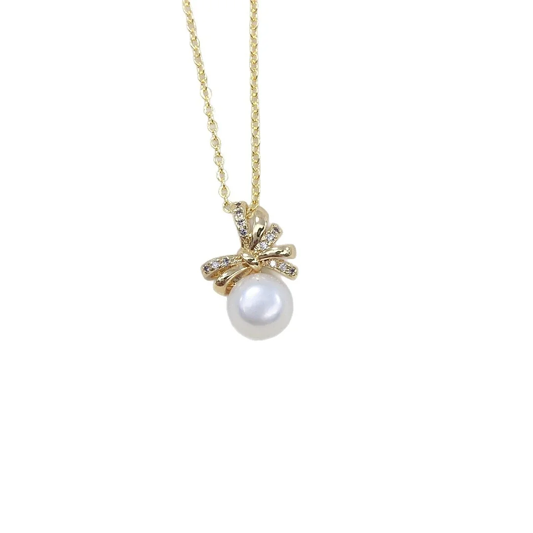 Ribbon Bow Gold-Plated Pavé CZ Pearl Pendant Necklace
