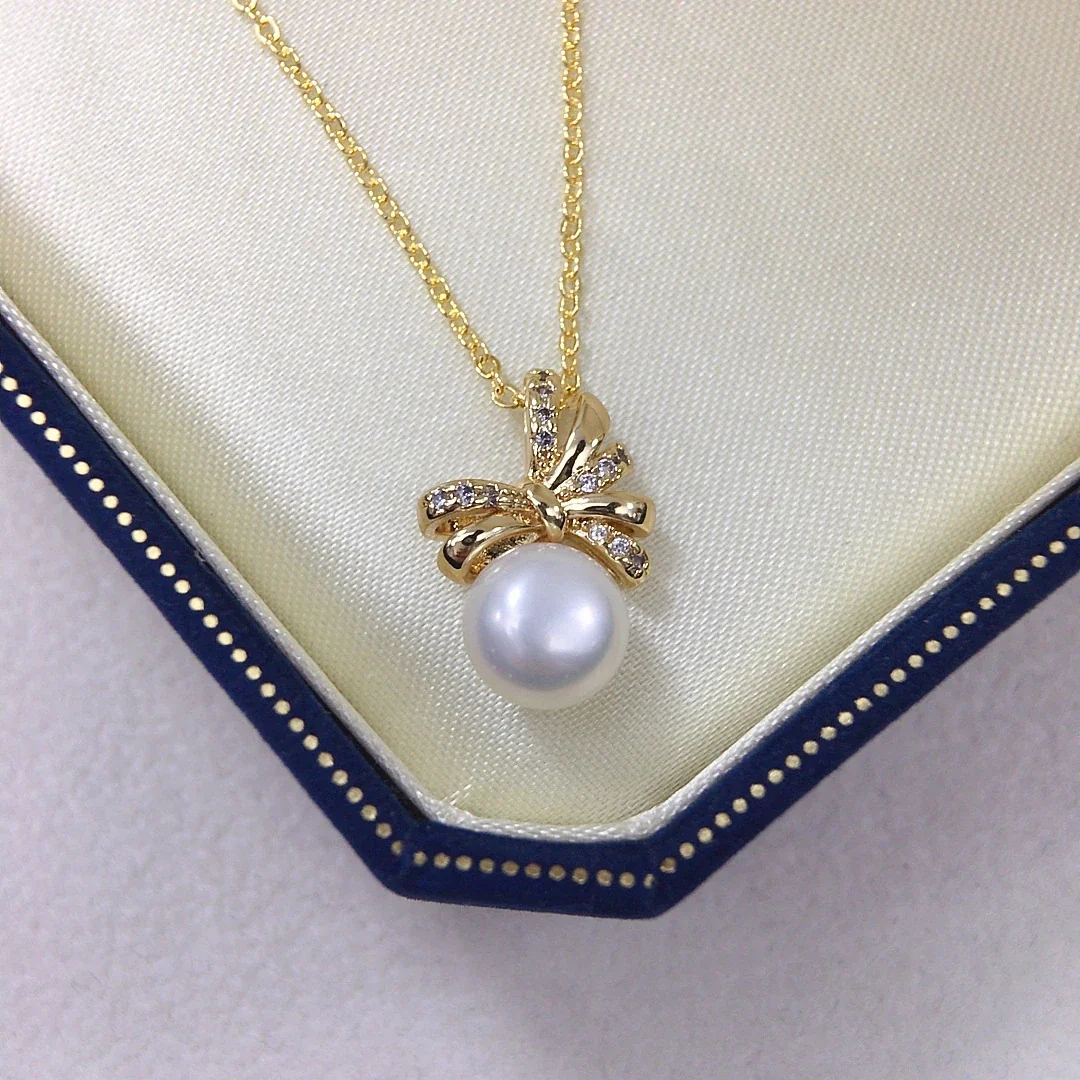 Ribbon Bow Gold-Plated Pavé CZ Pearl Pendant Necklace