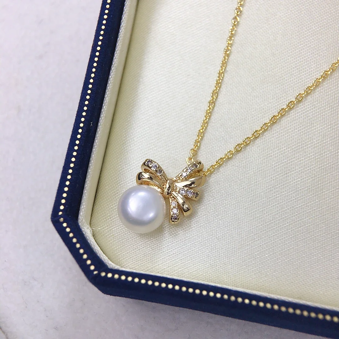 Ribbon Bow Gold-Plated Pavé CZ Pearl Pendant Necklace