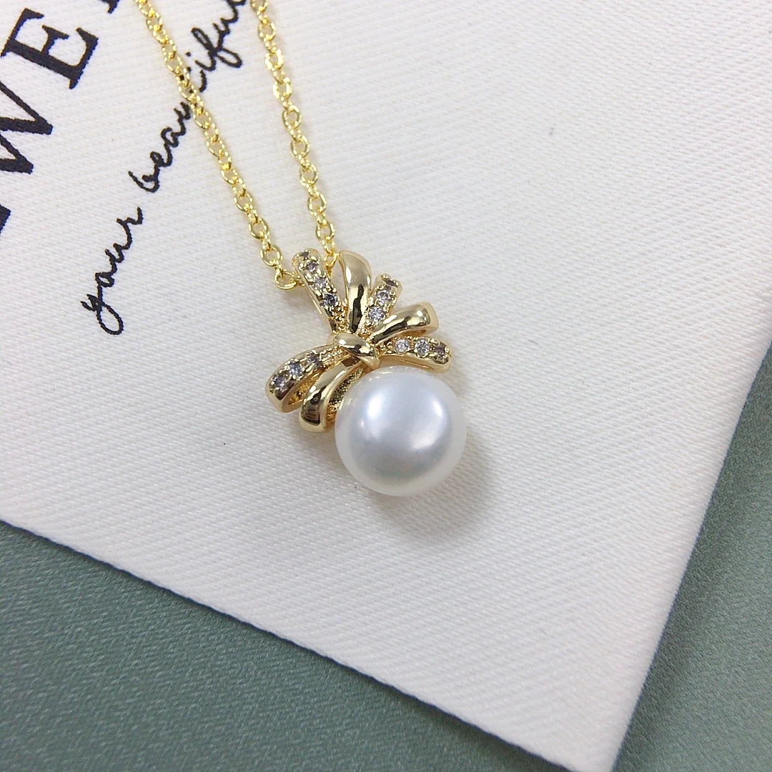 Ribbon Bow Gold-Plated Pavé CZ Pearl Pendant Necklace