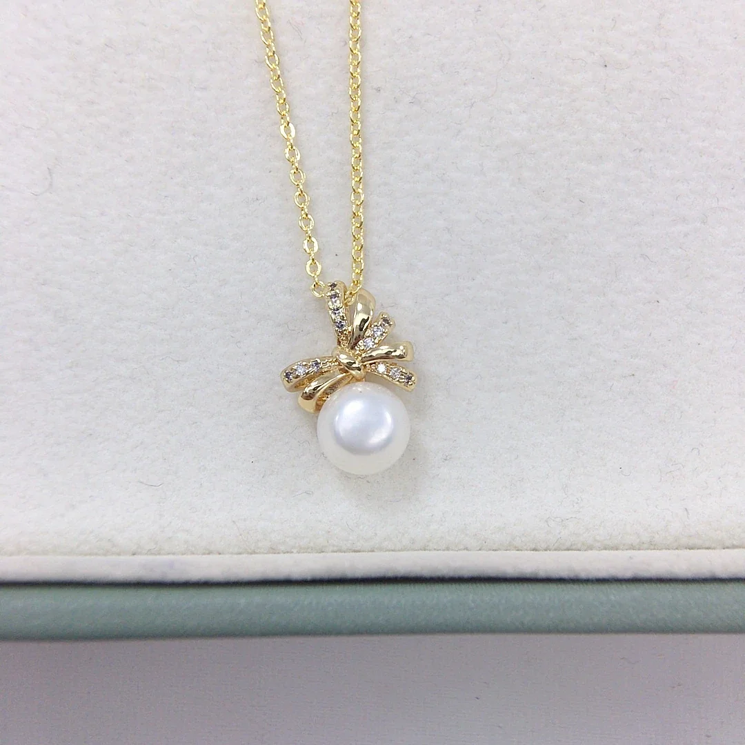 Ribbon Bow Gold-Plated Pavé CZ Pearl Pendant Necklace