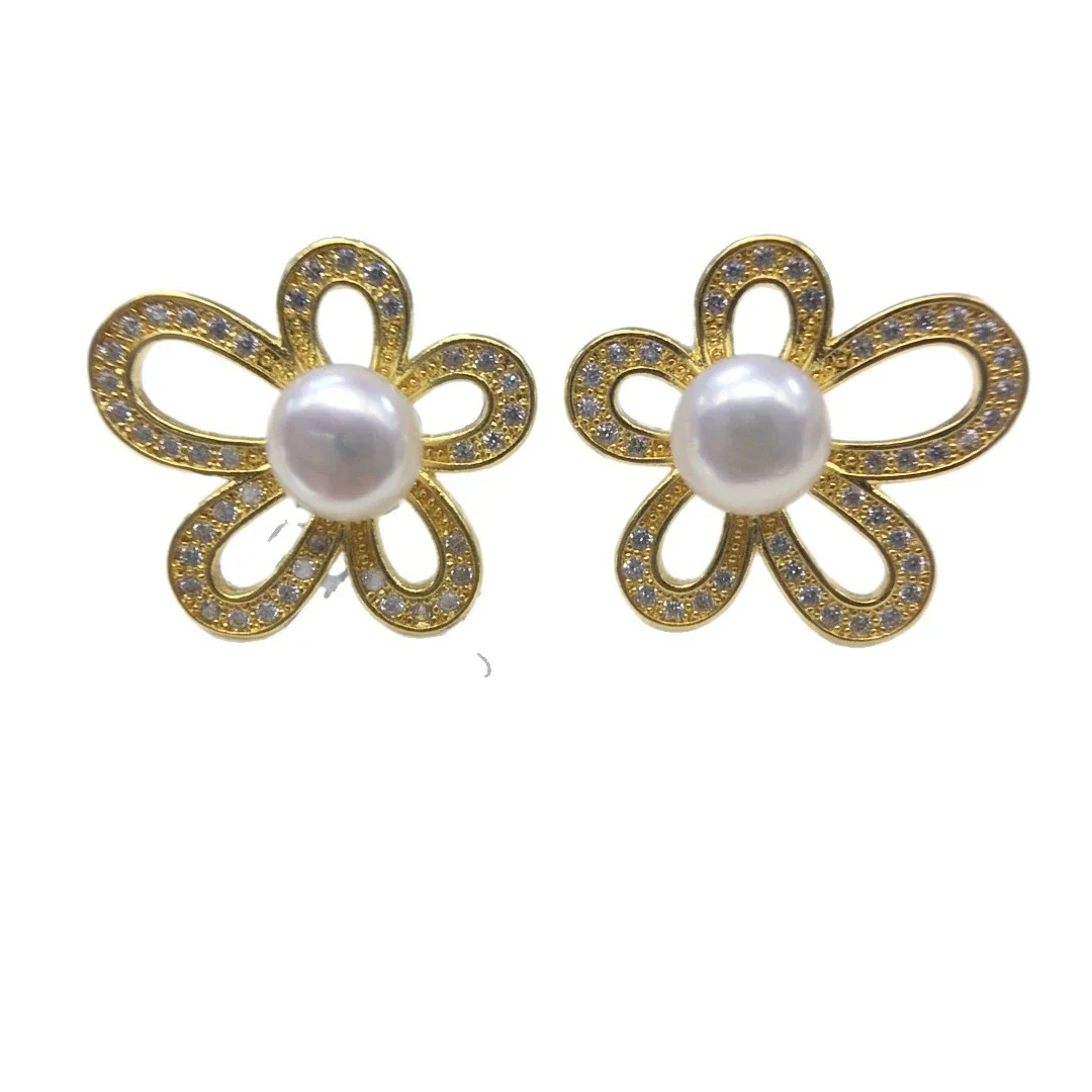 Luminous Open-Petal CZ Freshwater Pearl Stud Earrings