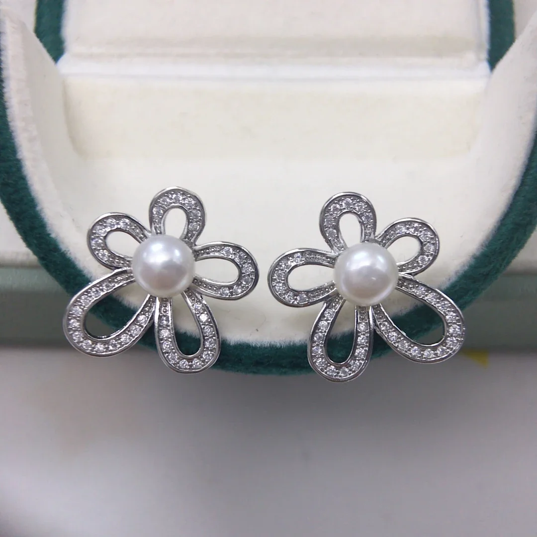 Luminous Open-Petal CZ Freshwater Pearl Stud Earrings