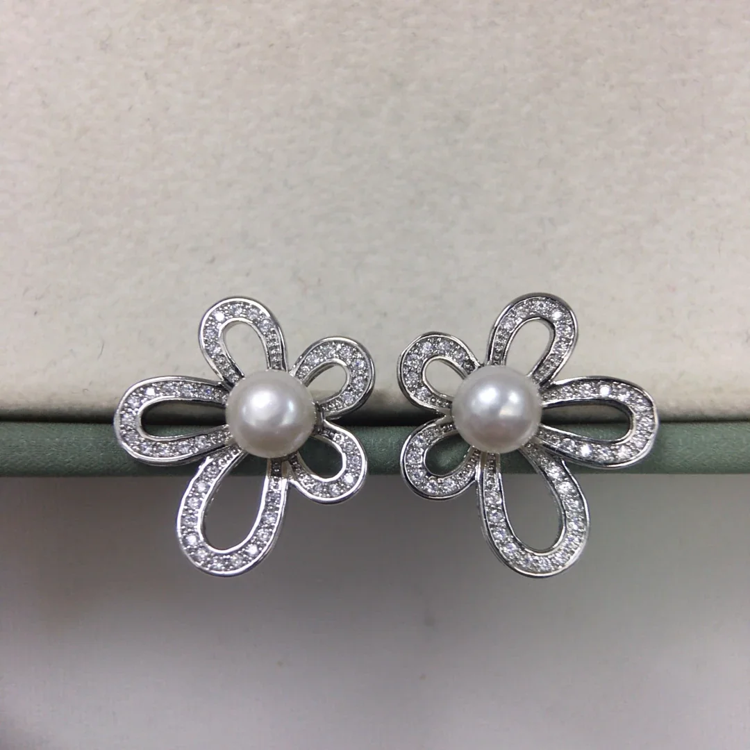 Luminous Open-Petal CZ Freshwater Pearl Stud Earrings