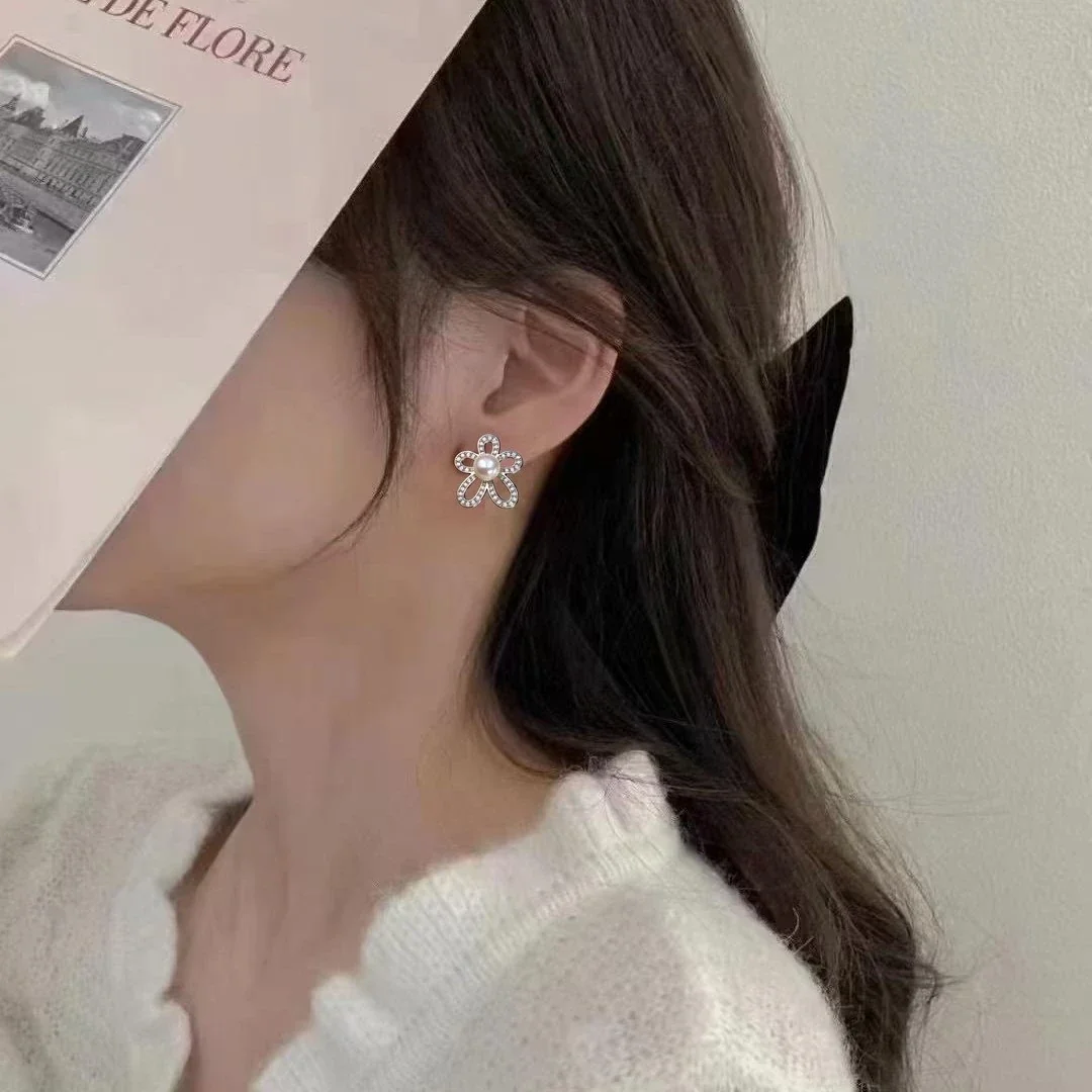 Luminous Open-Petal CZ Freshwater Pearl Stud Earrings