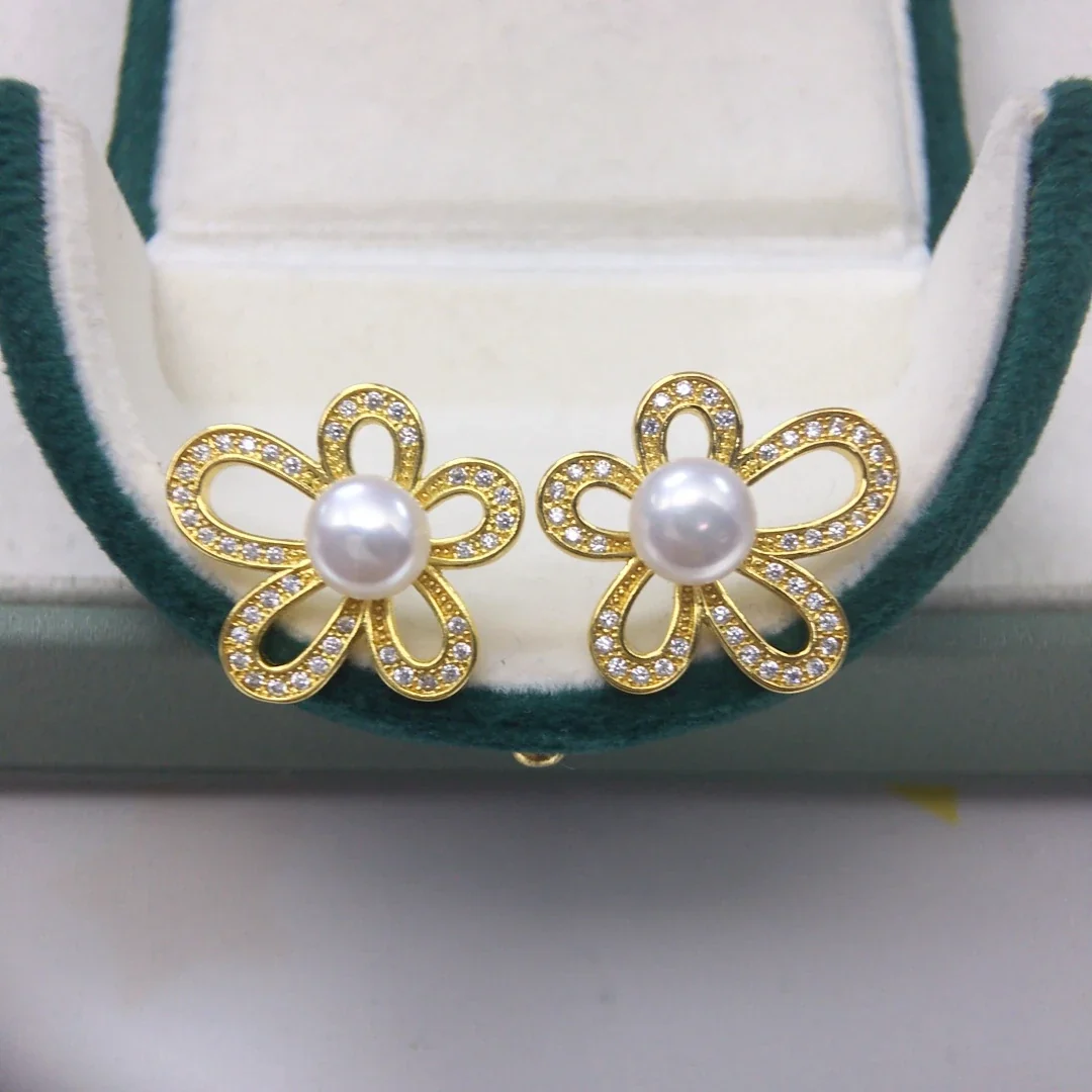 Luminous Open-Petal CZ Freshwater Pearl Stud Earrings - Gold