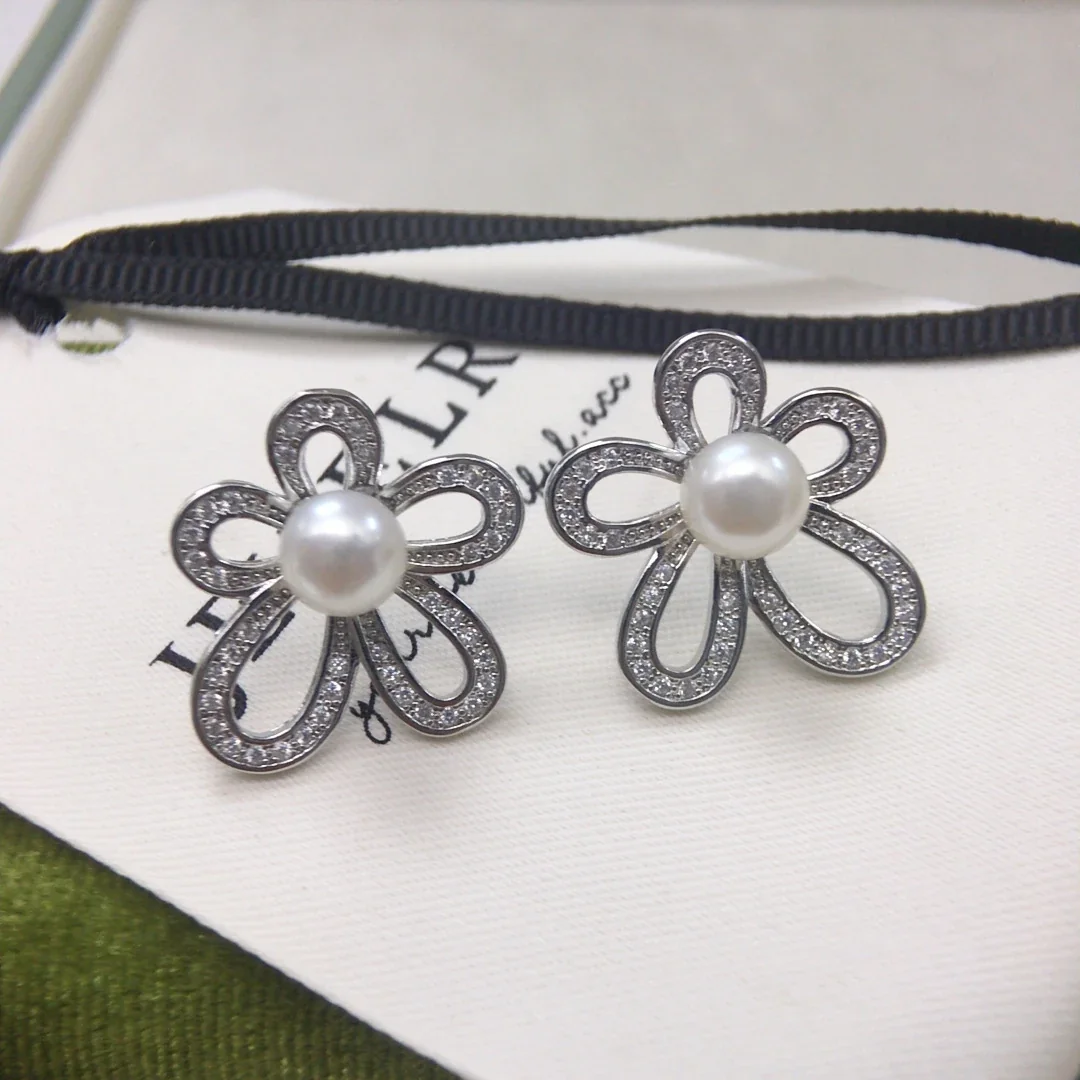 Luminous Open-Petal CZ Freshwater Pearl Stud Earrings - Silver