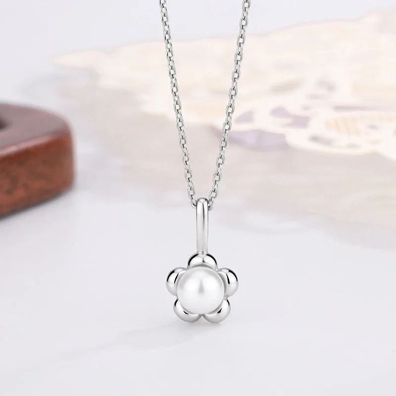 Petite Silver-Plated Flower Pearl Pendant Necklace