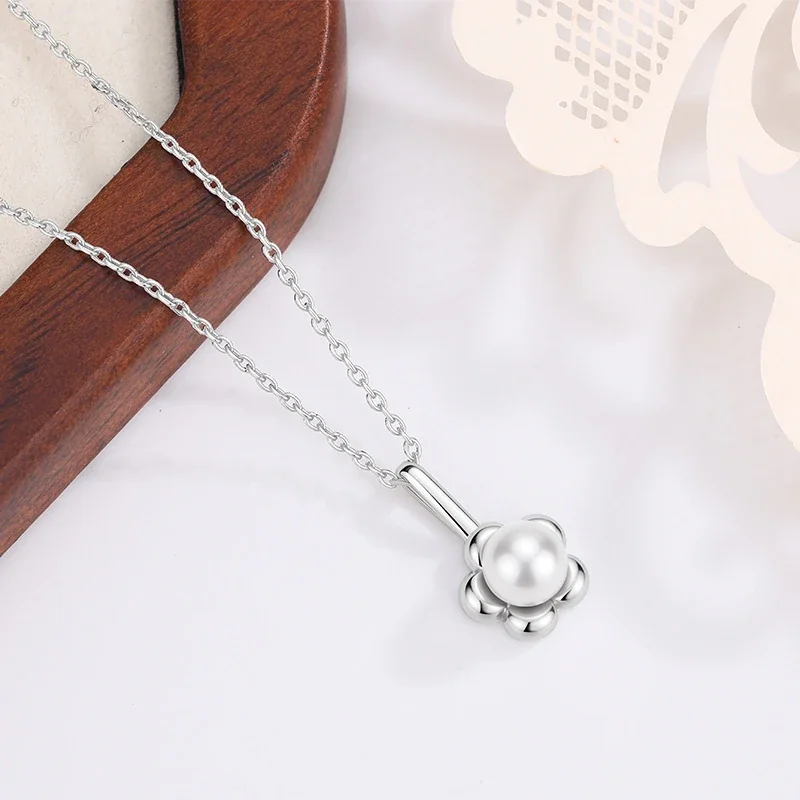 Petite Silver-Plated Flower Pearl Pendant Necklace