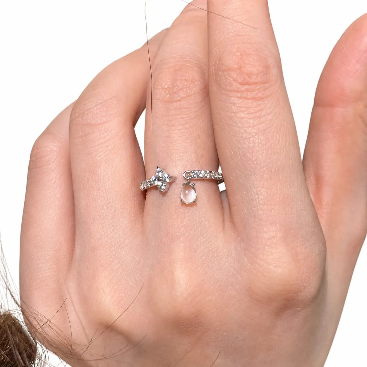 Delicate Silver-Plated Pavé Band Teardrop Charm Copper Ring