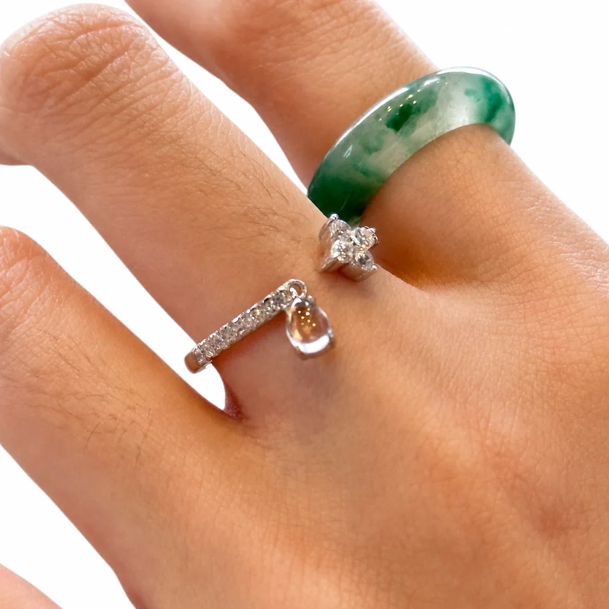 Delicate Silver-Plated Pavé Band Teardrop Charm Copper Ring