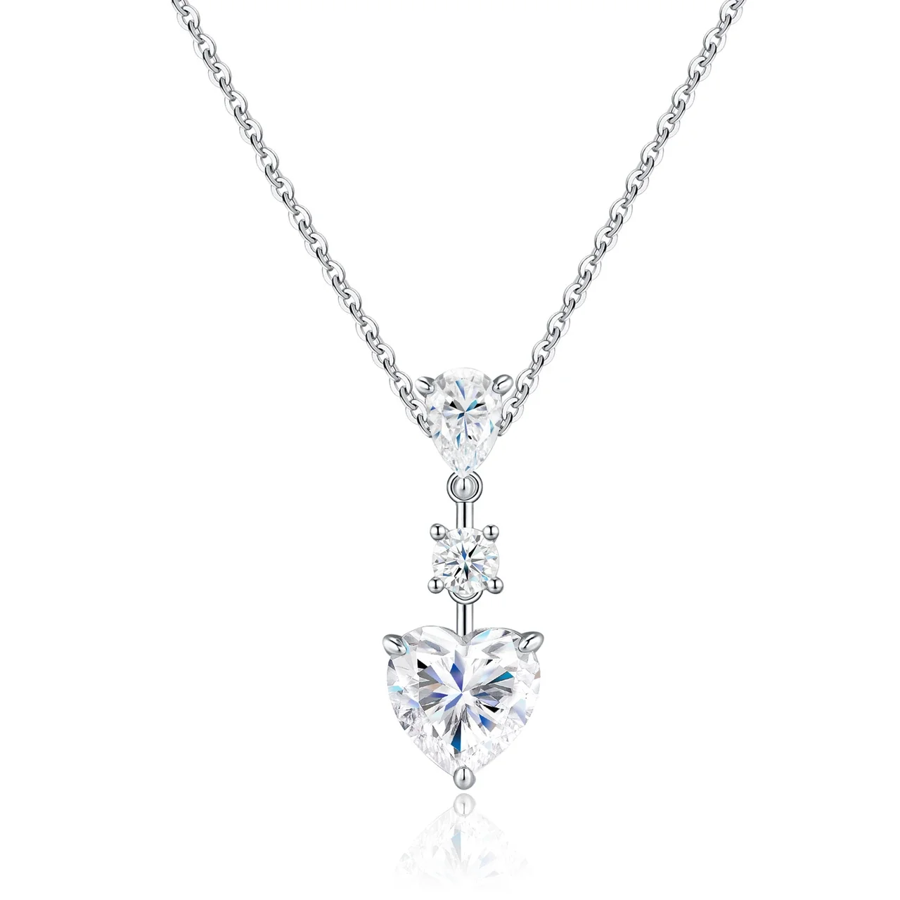Romantic 925 Sterling Silver Heart Pear Round Moissanite Pendant Necklace