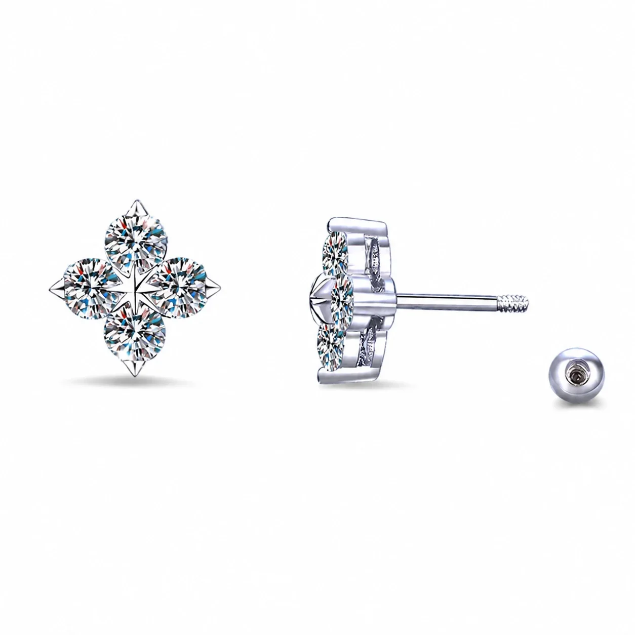 Petite Clover 925 Sterling Silver Four Round Moissanite Stud Earrings