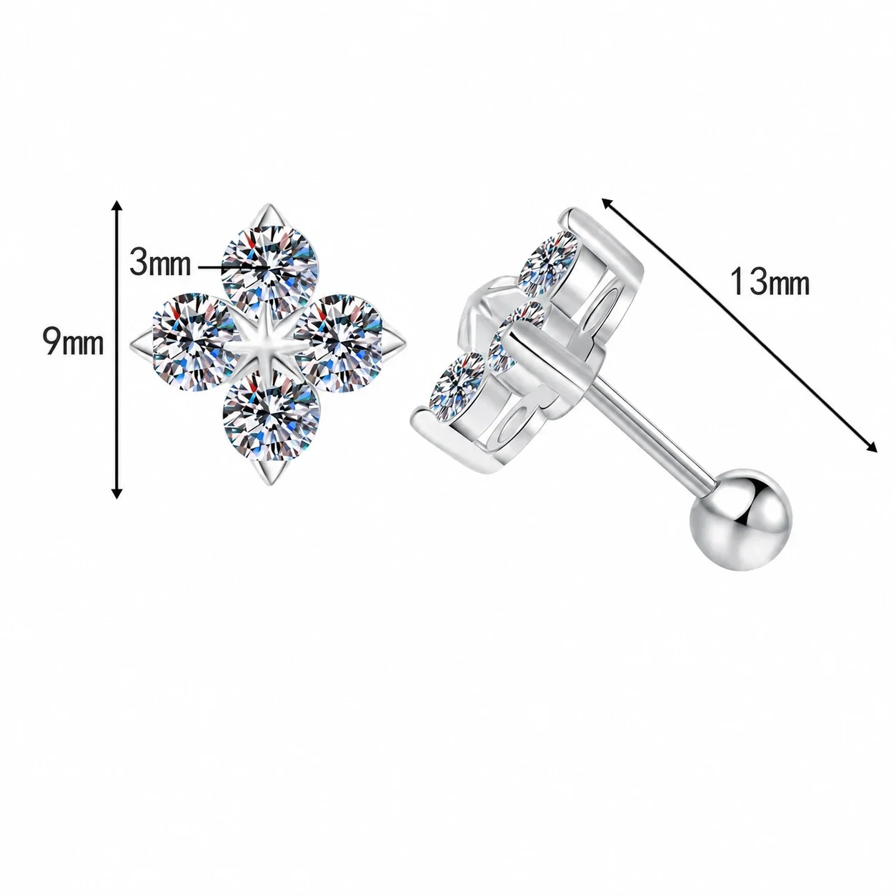 Petite Clover 925 Sterling Silver Four Round Moissanite Stud Earrings - . ct Moissanite