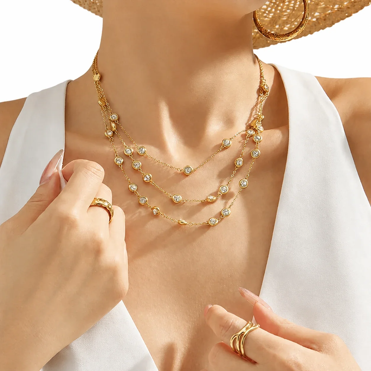 Refined 18K Gold-Plated Bezel CZ Station Necklace