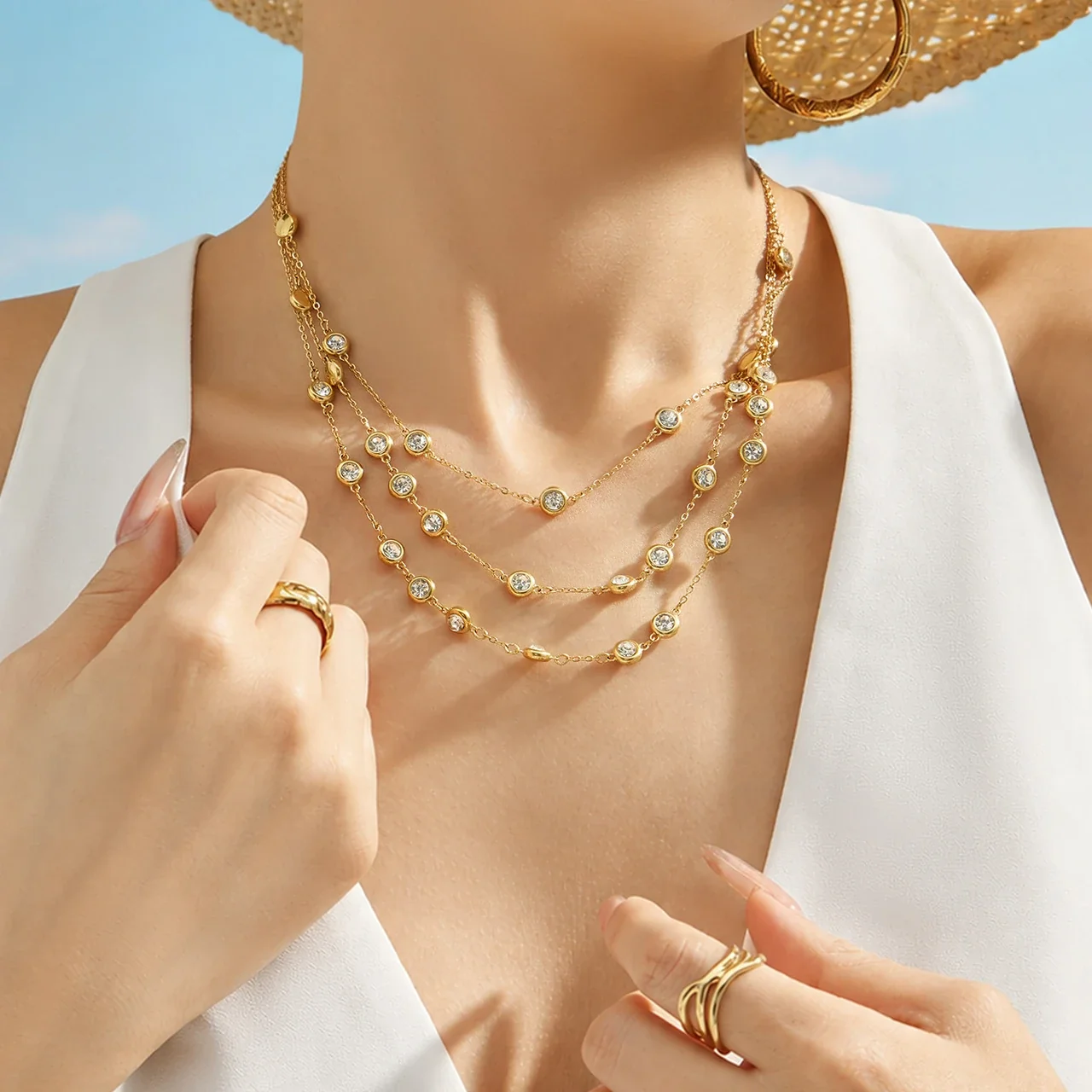 Refined 18K Gold-Plated Bezel CZ Station Necklace