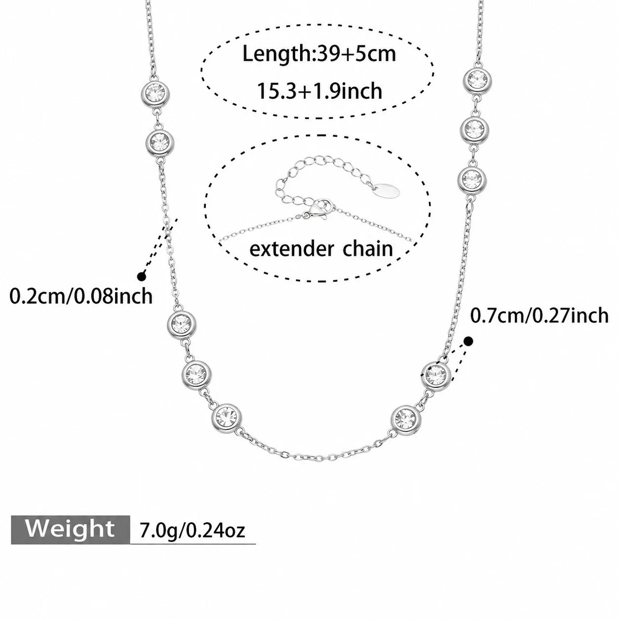 Refined 18K Gold-Plated Bezel CZ Station Necklace - Steel Round CZ C 39+5 cm