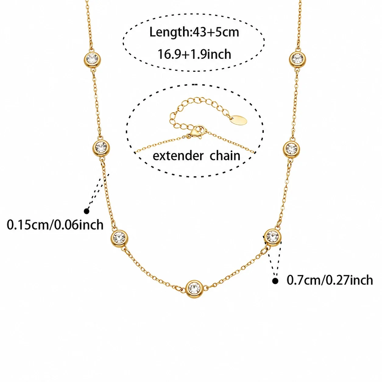 Refined 18K Gold-Plated Bezel CZ Station Necklace - Gold Round CZ A 43+5 cm