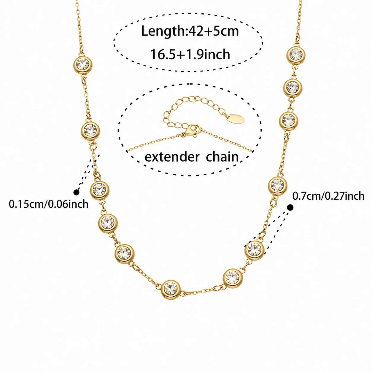Refined 18K Gold-Plated Bezel CZ Station Necklace - Gold Round CZ B 42+5 cm
