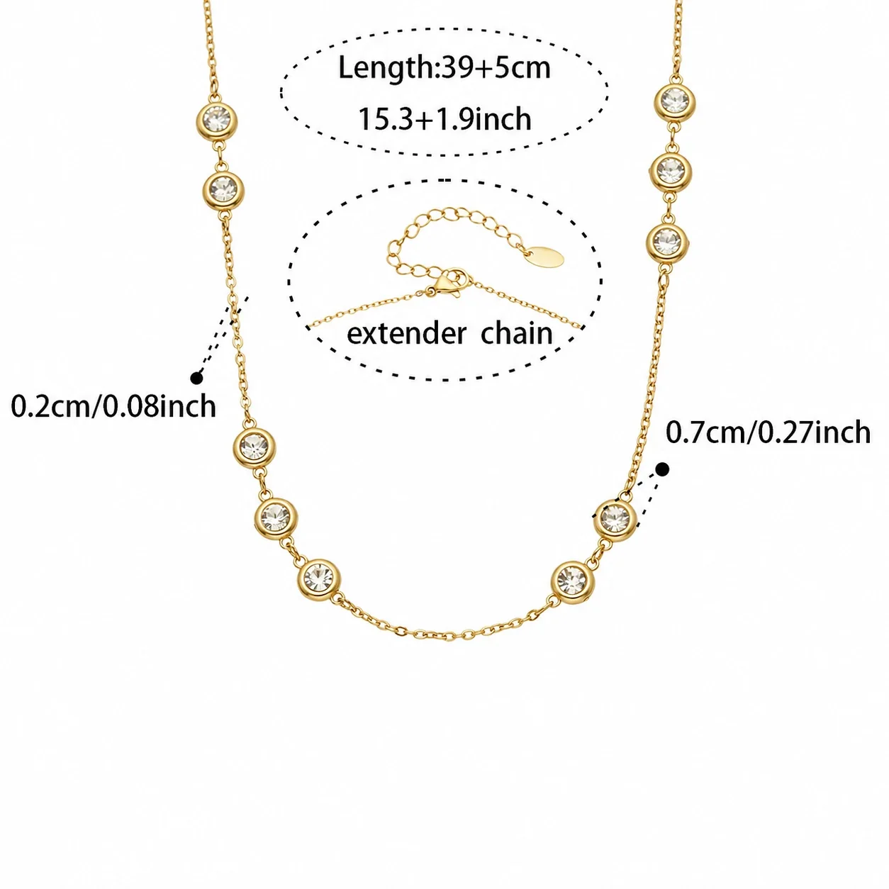 Refined 18K Gold-Plated Bezel CZ Station Necklace - Gold Round CZ C 39+5 cm