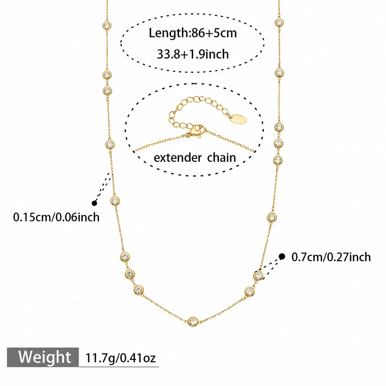 Refined 18K Gold-Plated Bezel CZ Station Necklace - Gold Round CZ D 86+5 cm