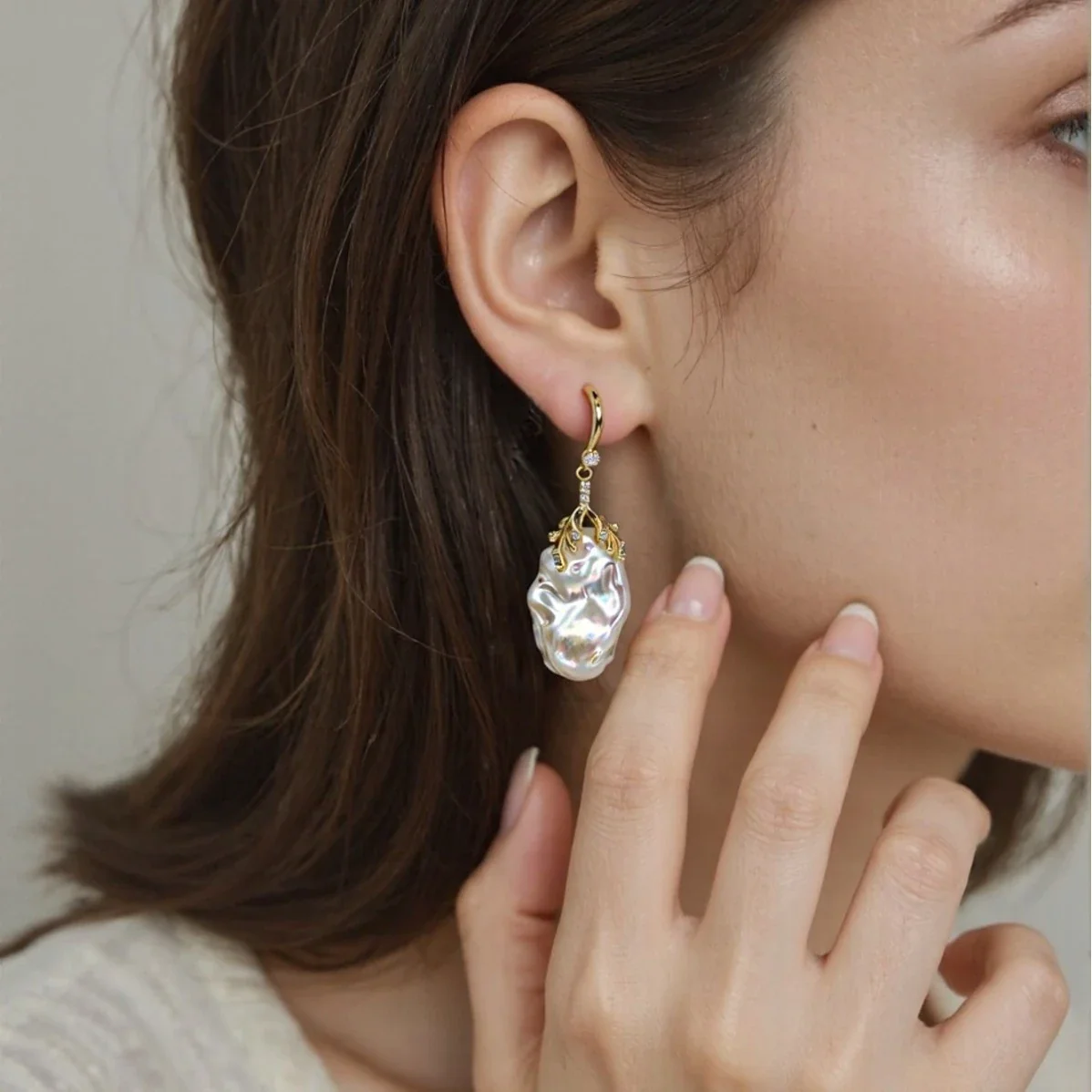 Lustrous Baroque Drop Freshwater Pearl Leaf Earrings