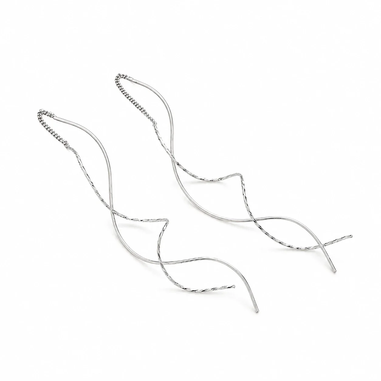 Sculptural 925 Sterling Silver Twisted Wave Threader Earrings