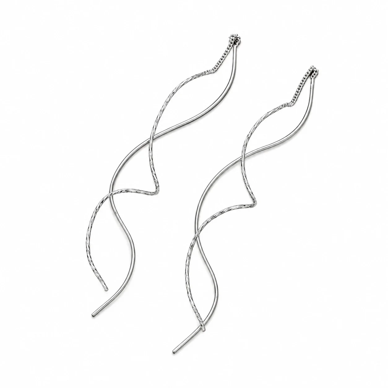 Sculptural 925 Sterling Silver Twisted Wave Threader Earrings