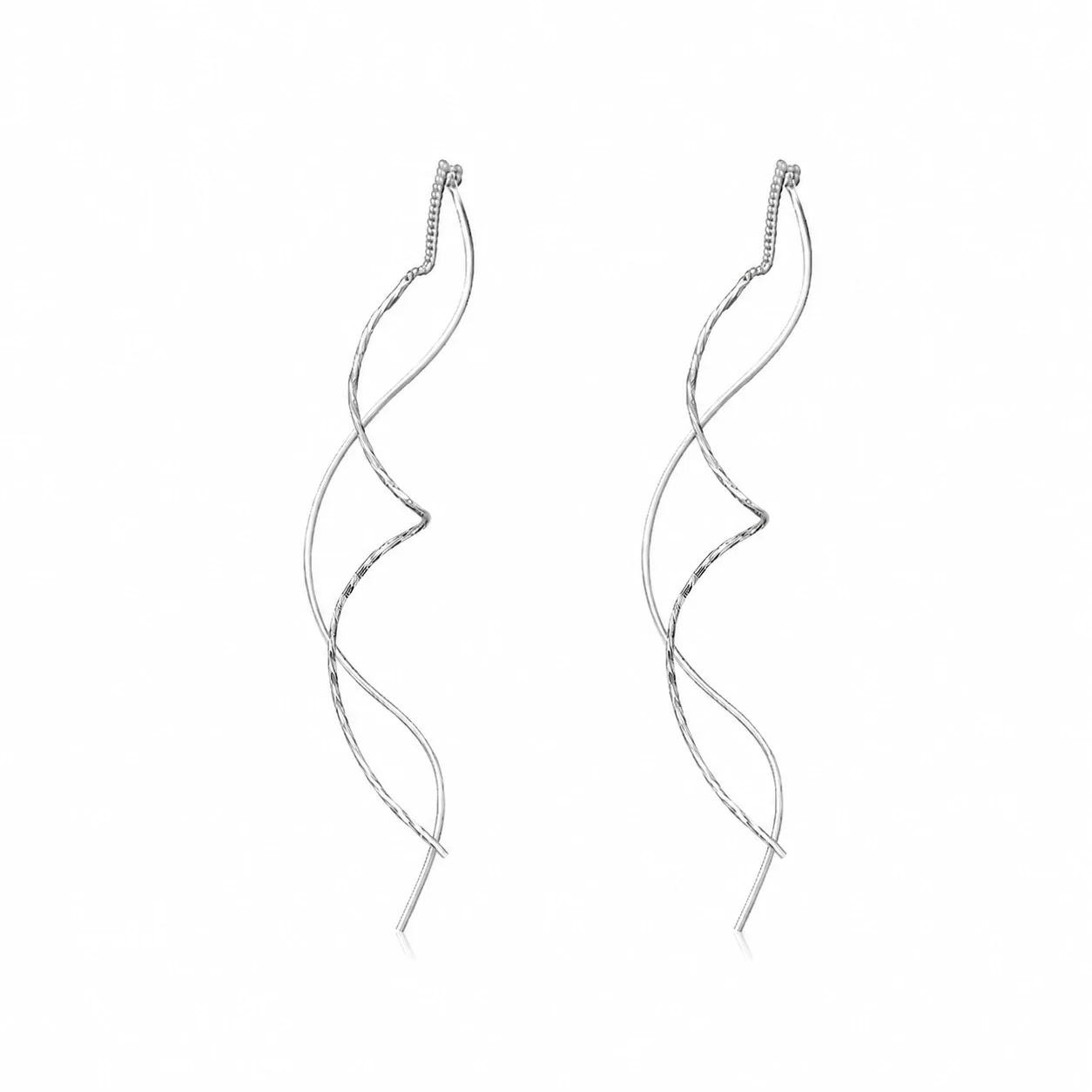 Sculptural 925 Sterling Silver Twisted Wave Threader Earrings