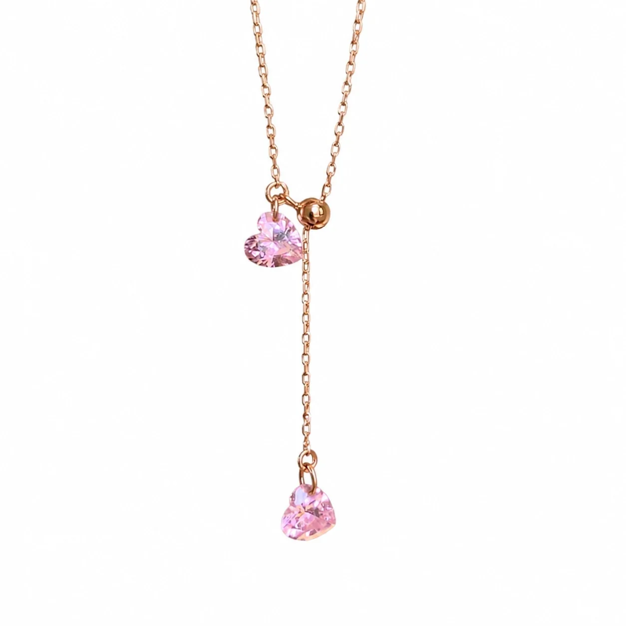 Delicate Rose Gold-Plated Pink Heart Lariat Copper Necklace