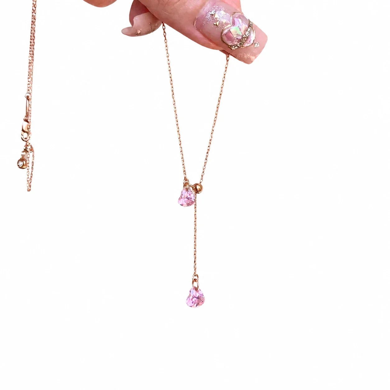 Delicate Rose Gold-Plated Pink Heart Lariat Copper Necklace