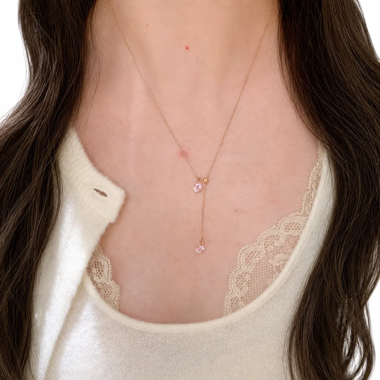 Delicate Rose Gold-Plated Pink Heart Lariat Copper Necklace