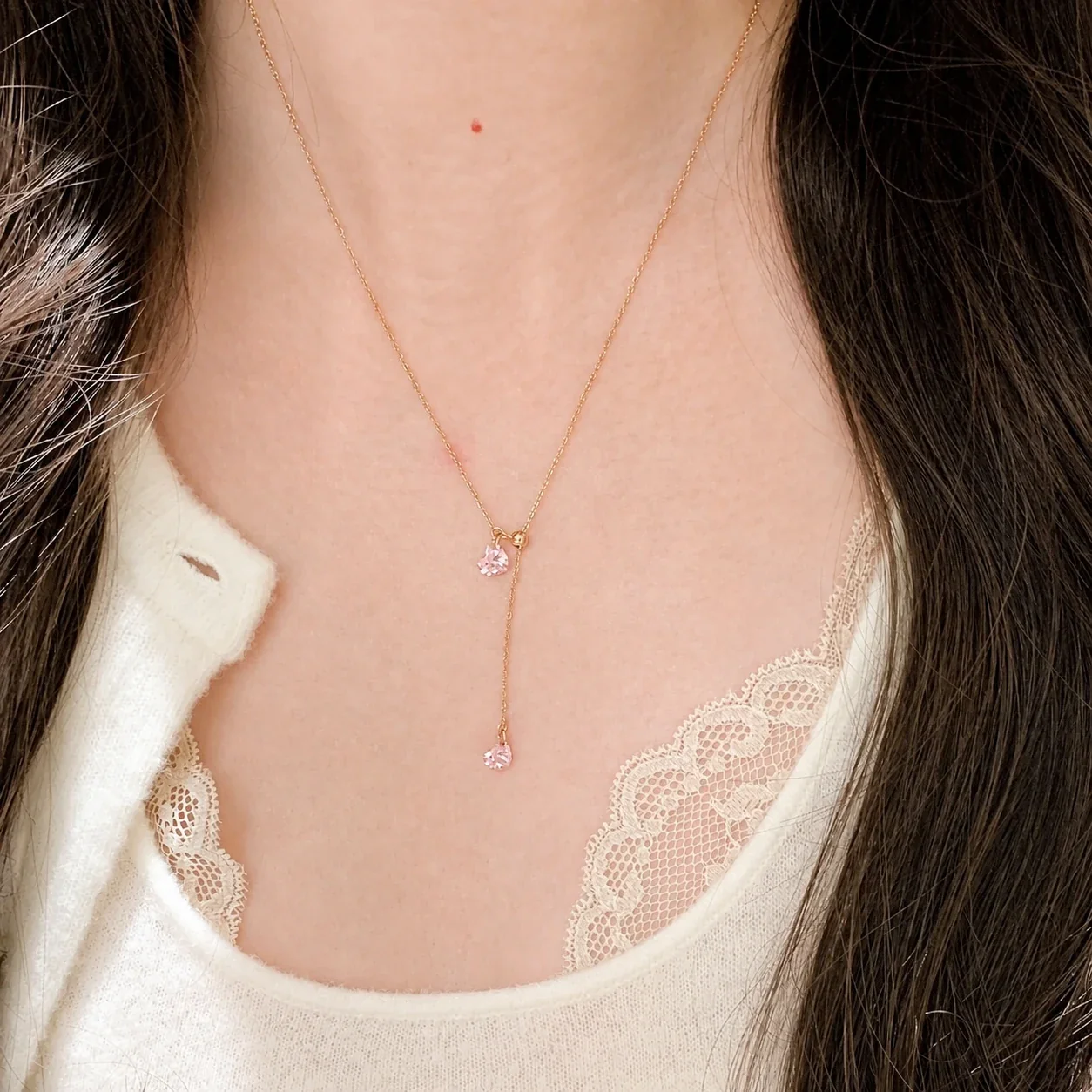 Delicate Rose Gold-Plated Pink Heart Lariat Copper Necklace