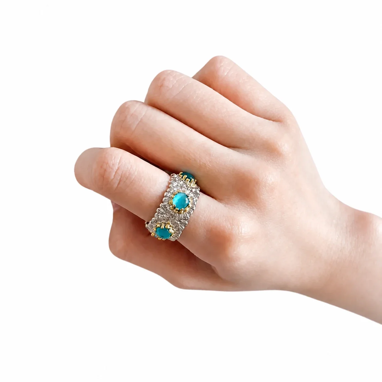 Ornate Two-Tone Copper Floral Cabochon Wide-Band Ring