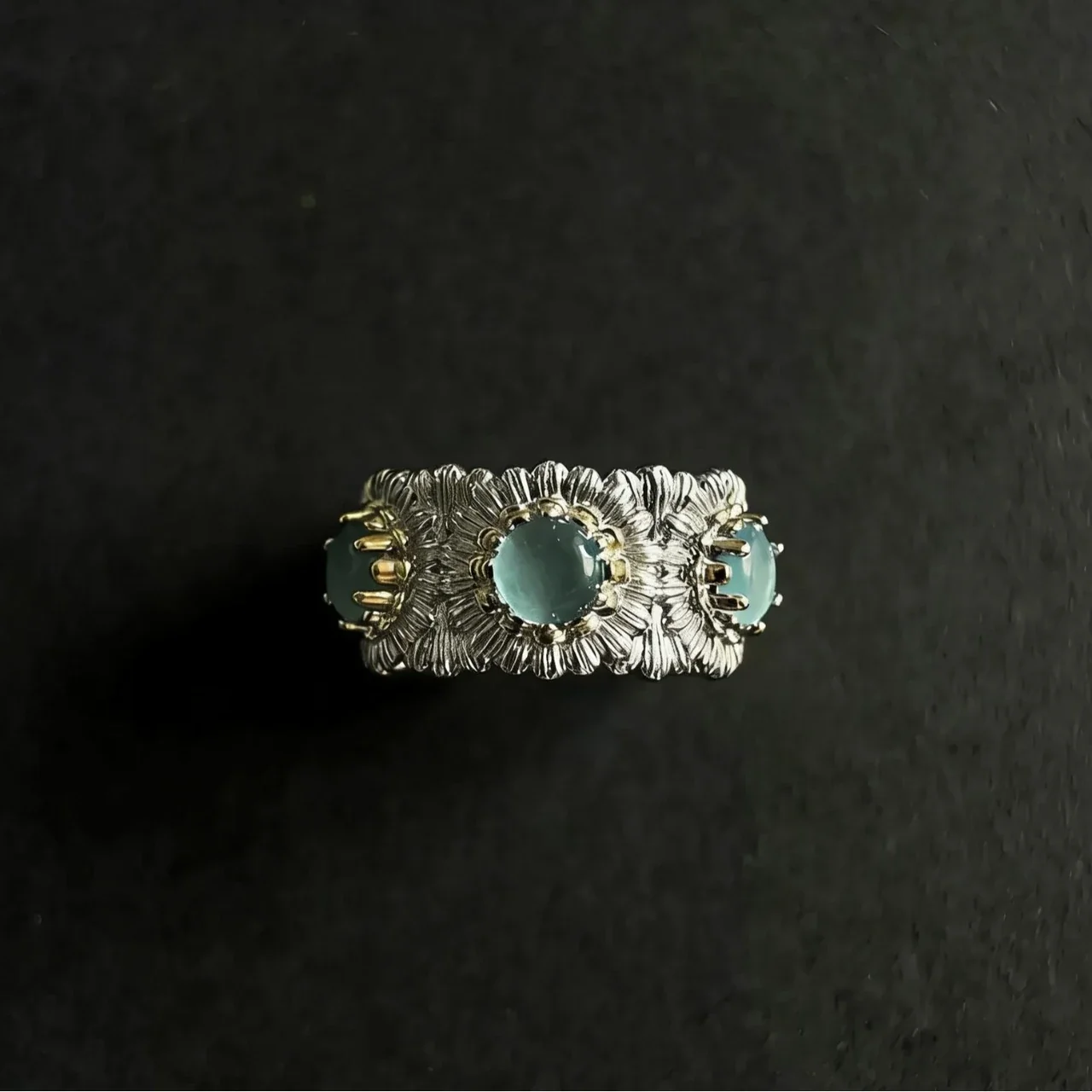 Ornate Two-Tone Copper Floral Cabochon Wide-Band Ring